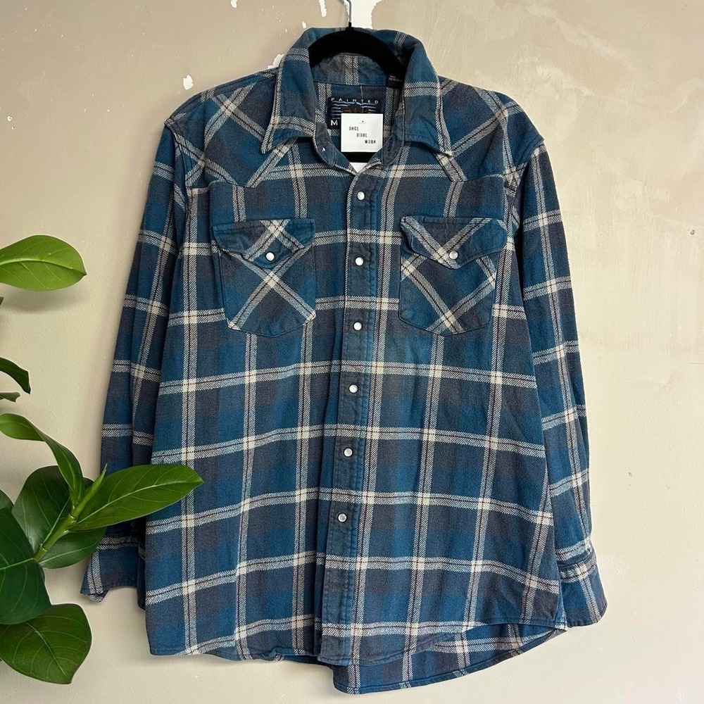 Vintage Painted Mesa Mens XL Blue Plaid Western Pearl Snap Flannel Shirt